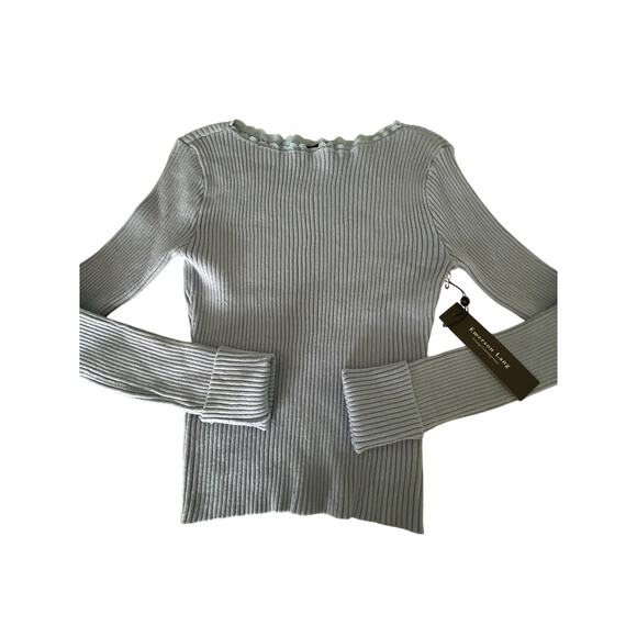 Emerson Lang- Blue Ribbed Knit Sweater Lace Neck Edge Size Small NWT - Picture 4 of 9
